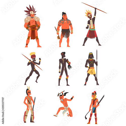 Armed native people of African tribes, Australian and American aboriginal set, tribe members in traditional clothing vector Illustrations on a white background