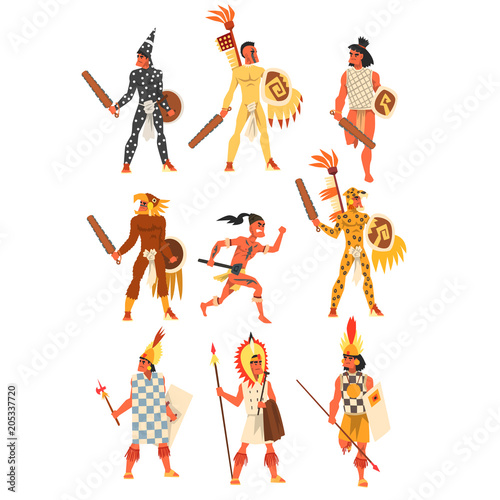 Armed tribal male warriors set, tribe members in traditional clothing vector Illustrations on a white background