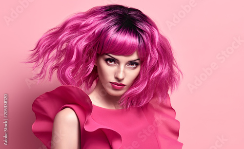 Portrait Beautiful Girl. Pink Fashion Hairstyle