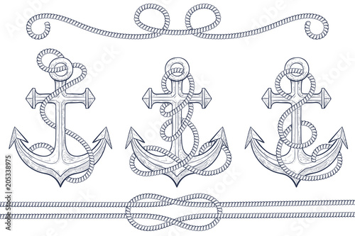 Anchors with rope. Hand drawn sketch