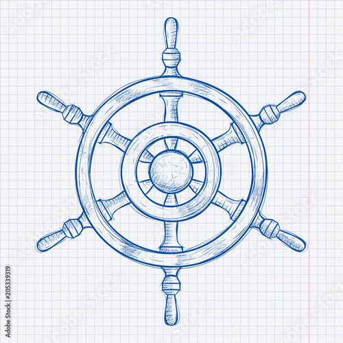 Steering wheel. Blue hand drawn sketch on lined paper background