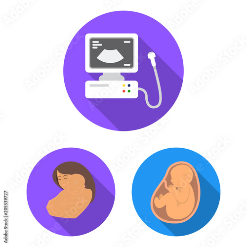 Woman and pregnancy flat icons in set collection for design. Gynecology and equipment vector symbol stock web illustration.