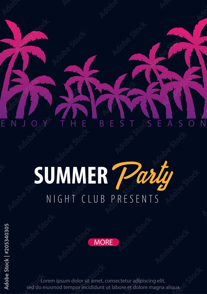 Summer Party backgrounds with palms. Summer placard poster flyer invitation card. Summer time. Vector Illustration