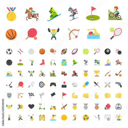 All type of sports, recreation, fitness emojis, emoticons, stickers. Games, horse riding, rider, soccer, football balls, mountain biking symbols, vector illustration icons, concept, set, collection