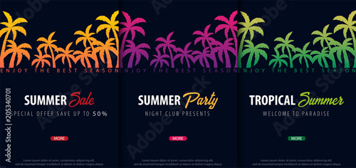 Summer Tropical backgrounds set with palms. Summer placard poster flyer invitation card. Summer time. Vector Illustration