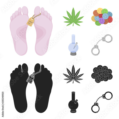 Hemp leaf, ecstasy pill, handcuffs, bong.Drug set collection icons in cartoon,black style vector symbol stock illustration web.