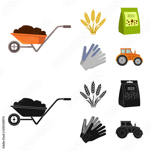 Spikelets of wheat, a packet of seeds, a tractor, gloves.Farm set collection icons in cartoon,black style vector symbol stock illustration web.