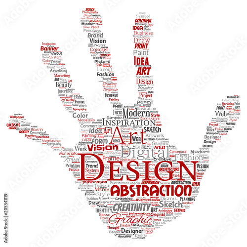 Vector conceptual creativity art graphic identity design visual hand print stamp word cloud isolated background. Collage of advertising, decorative, fashion, inspiration, vision, perspective modeling