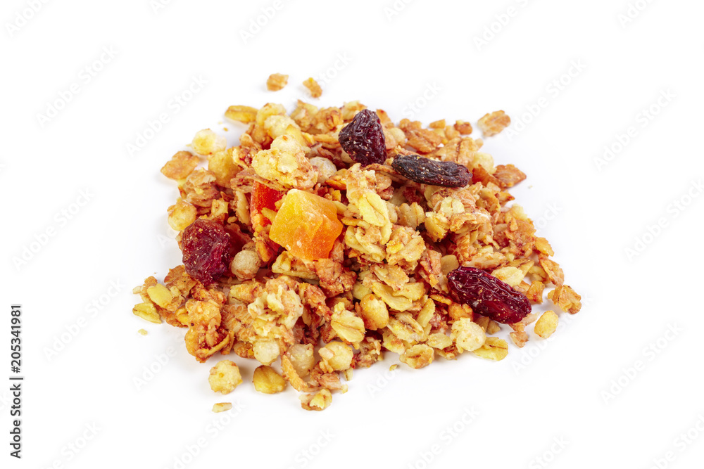 Granola with dried fruits isolated on white Granola with dried fruits isolated on white
