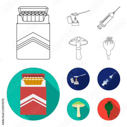 Cigarettes, a syringe, a galoyucinogenic fungus, heroin in a spoon.Drug set collection icons in outline,flat style vector symbol stock illustration web.