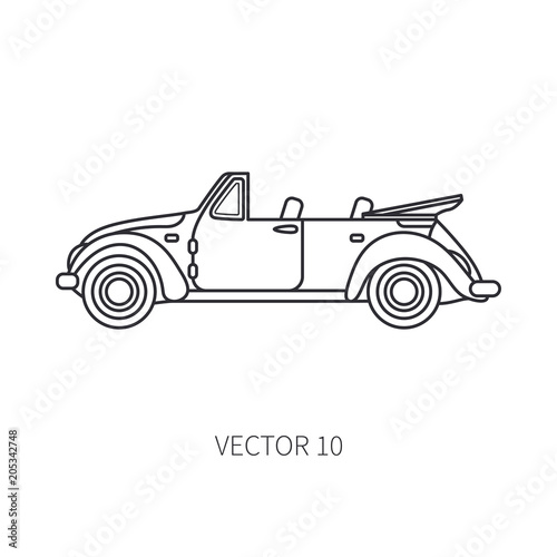Line vector icon retro tourism cabriolet auto. Classic 1950s style. Nostalgia subcompact antique automobile. Summer travel vacation. Vintage cartoon car. Highway. Rent car. Illustration for design.