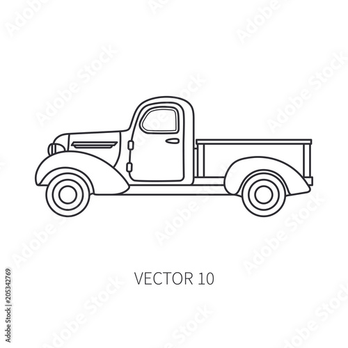 Line vector icon retro tourism pickup auto. Classic 1950s style. Nostalgia subcompact antique automobile. Summer travel vacation. Vintage cartoon car. Highway. Garage. Van. Illustration for design.