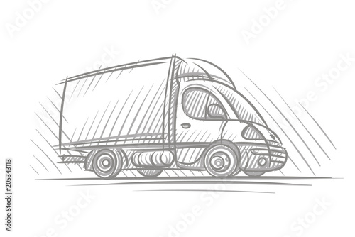 Delivery truck hand drawn sketch. Vector. 