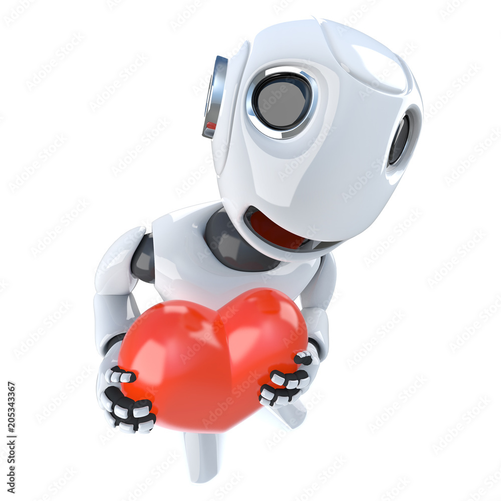 3d Funny cartoon robot character holding a red romantic heart