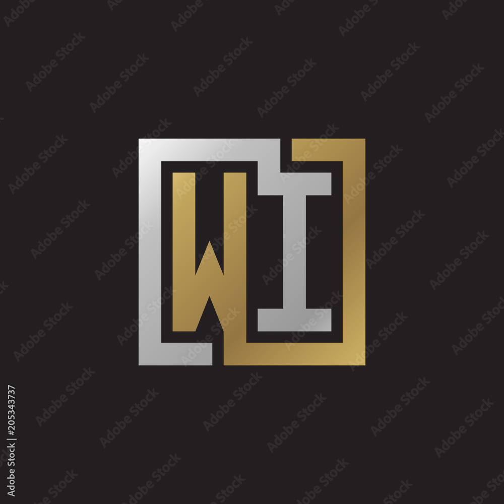 Initial letter WI, looping line, square shape logo, silver gold color on black background Initial letter WI, looping line, square shape logo, silver gold color on black background