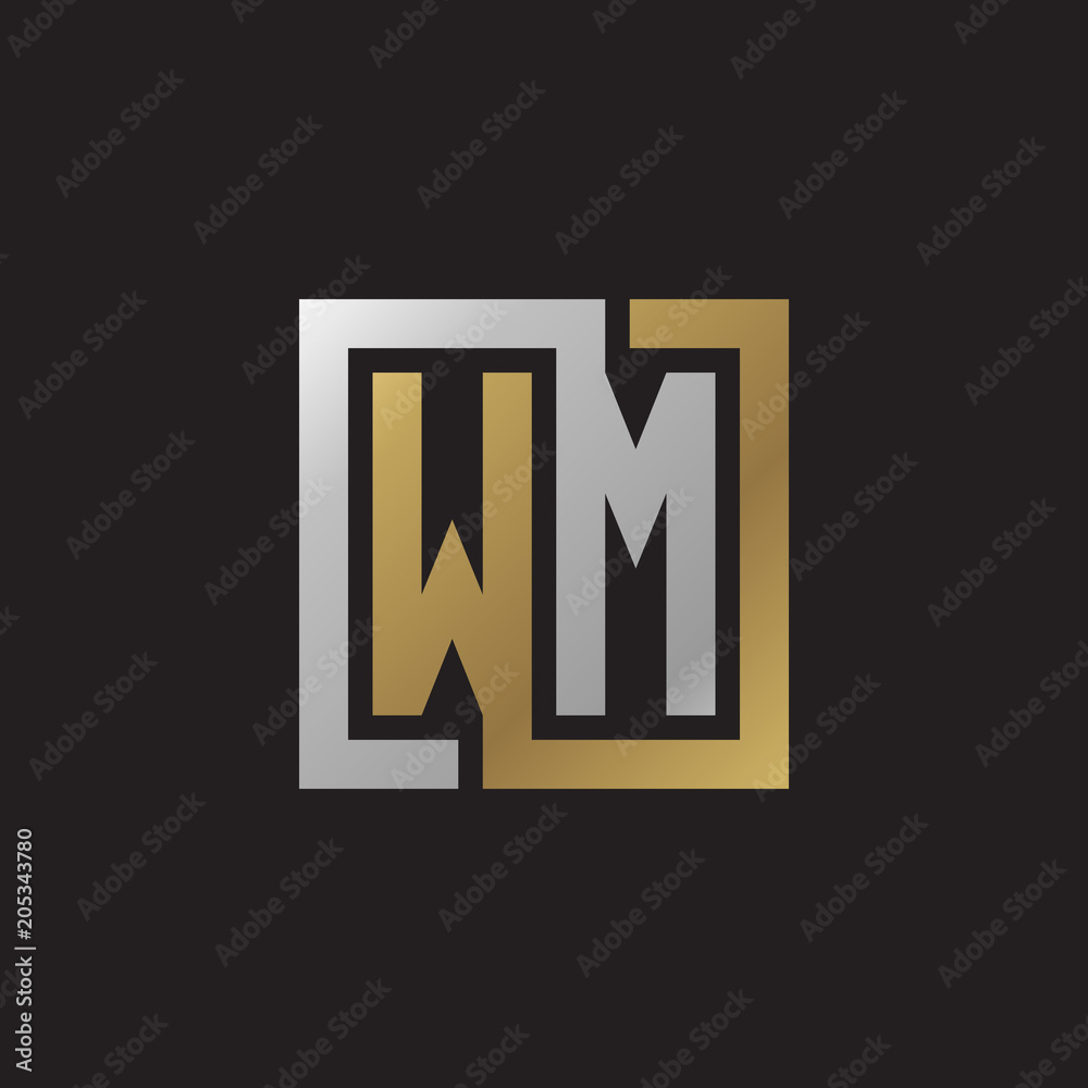 Initial letter WM, looping line, square shape logo, silver gold color ...