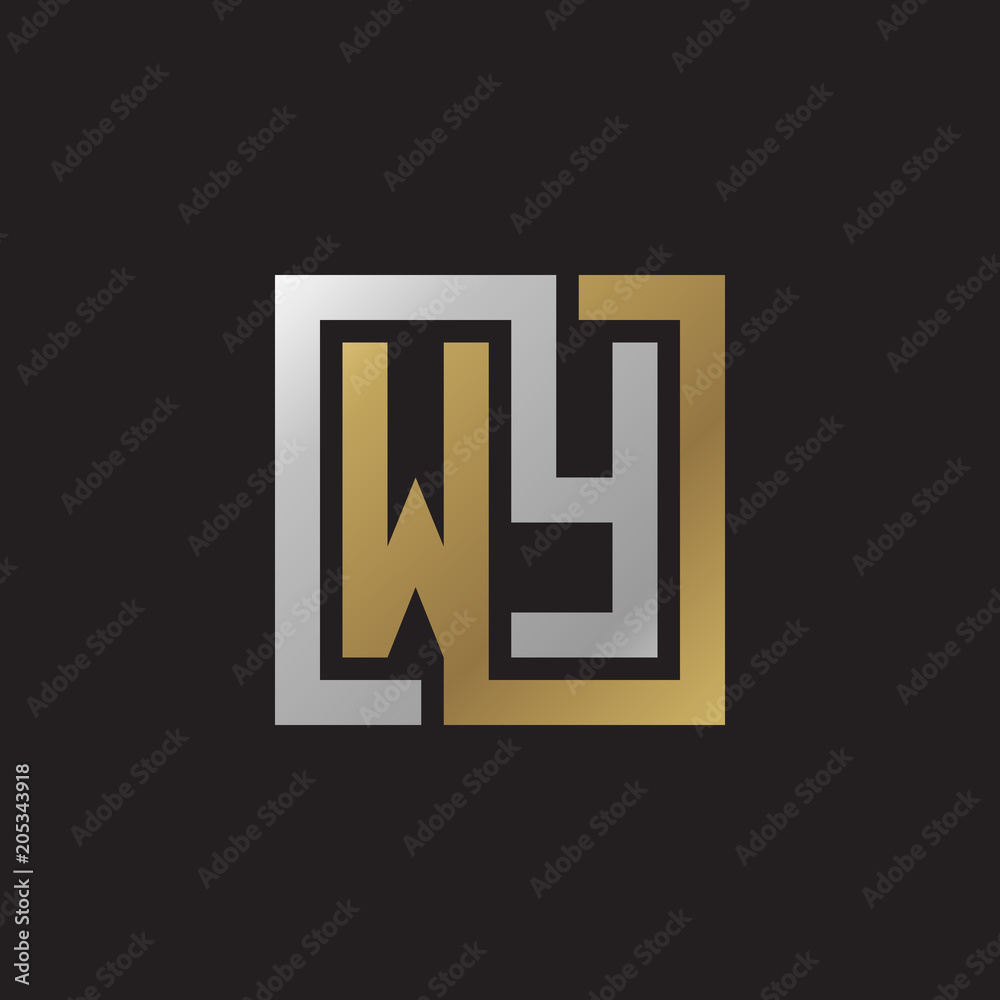 Initial letter WY, looping line, square shape logo, silver gold color on black background Initial letter WY, looping line, square shape logo, silver gold color on black background