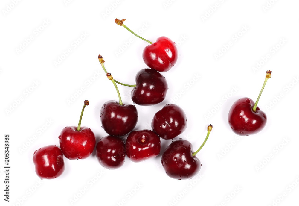 Cherries isolated on white background, top view
