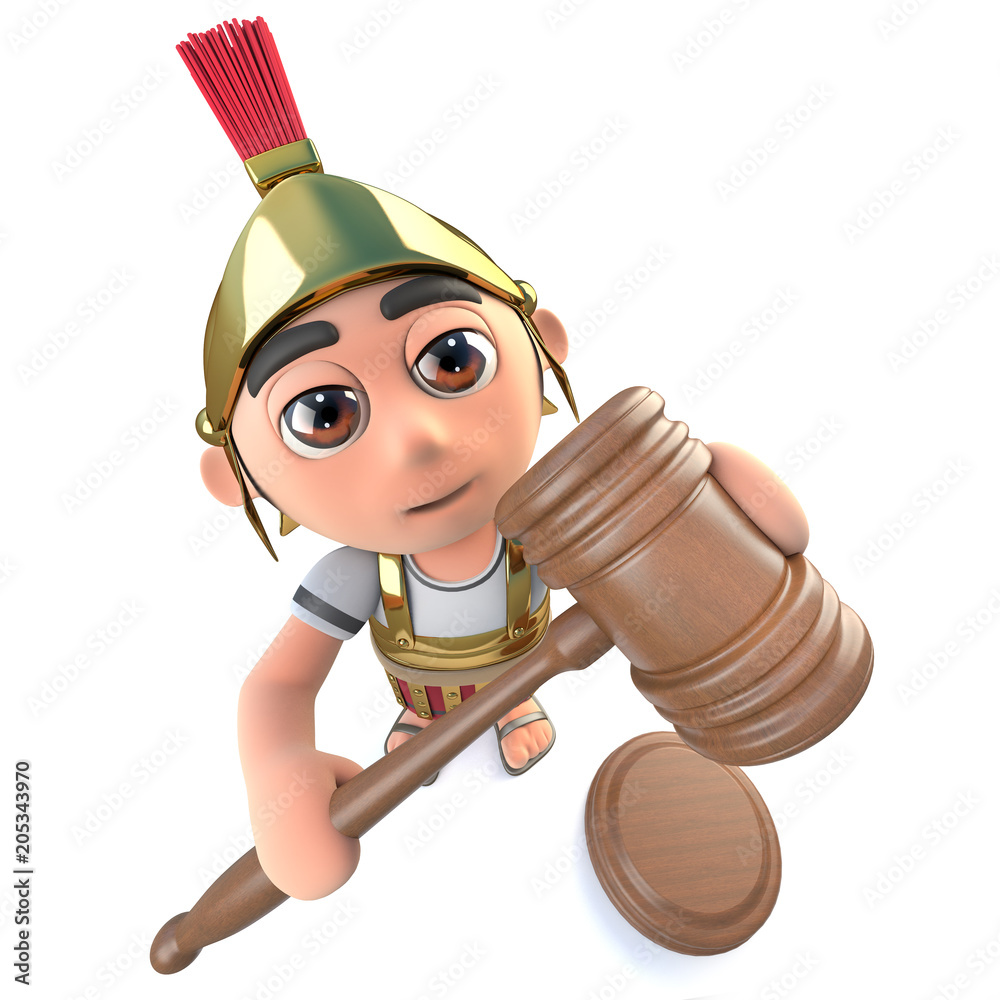 3d Funny cartoon Roman soldier character holding an auction with a gavel  Stock Illustration | Adobe Stock