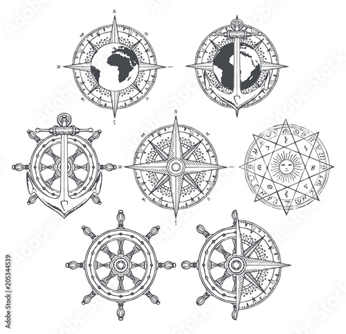 Vector set of nautical emblems. Wind rose, ship anchor and helm in retro style. Black and white outline drawings on the theme of travel, adventure and discovery. T-shirt and label graphics