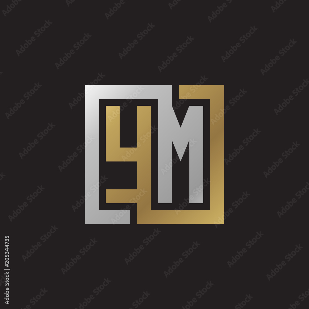 Initial letter YM, looping line, square shape logo, silver gold color on black background Initial letter YM, looping line, square shape logo, silver gold color on black background