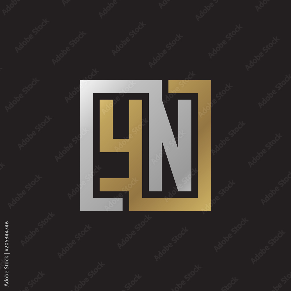 Initial letter YN, looping line, square shape logo, silver gold color on black background