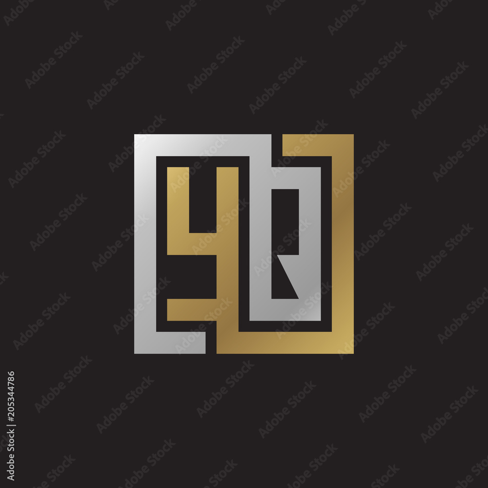 Initial letter YQ, looping line, square shape logo, silver gold color on black background Initial letter YQ, looping line, square shape logo, silver gold color on black background
