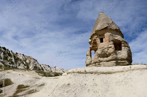 Ruins of ancient volcanic rock cave church, Cappadocian landmark,Goreme,Turkey photo