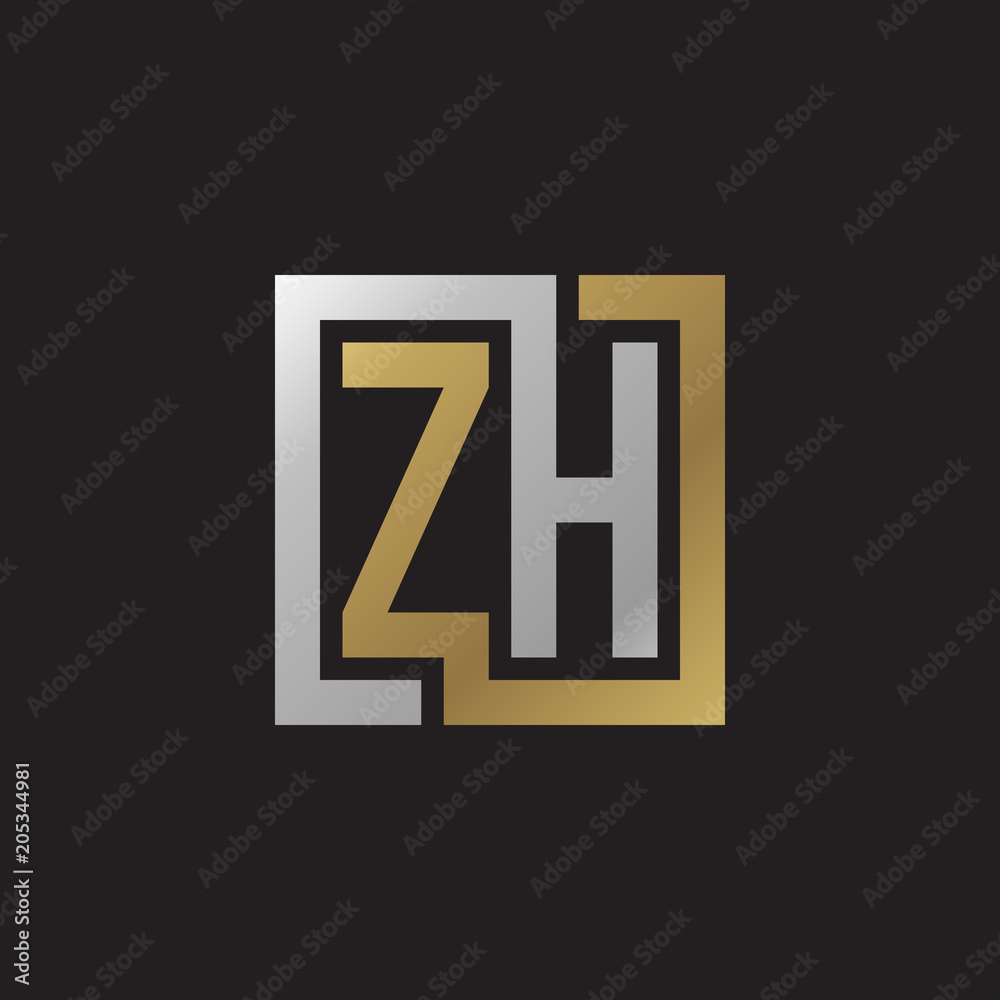 Initial letter ZH, looping line, square shape logo, silver gold color on black background Initial letter ZH, looping line, square shape logo, silver gold color on black background
