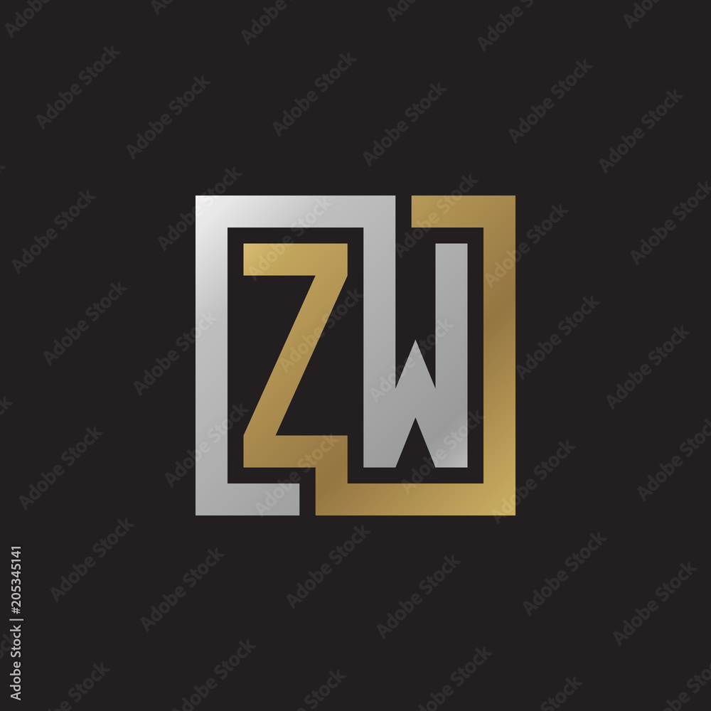 Initial letter ZW, looping line, square shape logo, silver gold color on black background Initial letter ZW, looping line, square shape logo, silver gold color on black background