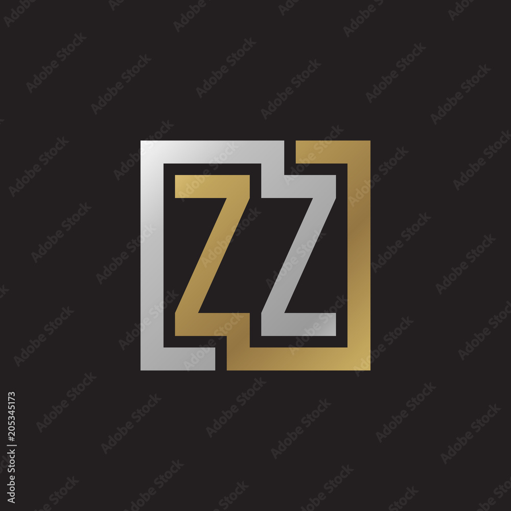 Initial letter ZZ, looping line, square shape logo, silver gold color on black background Initial letter ZZ, looping line, square shape logo, silver gold color on black background