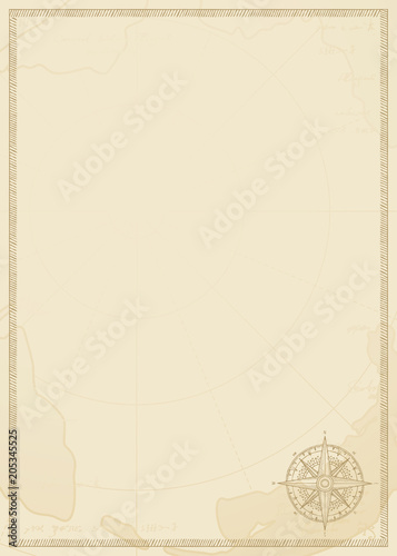 Old vintage paper with wind rose compass sign. Vector illustration on the theme of travel, adventure and discovery on the background of old map. Pirate map concept.