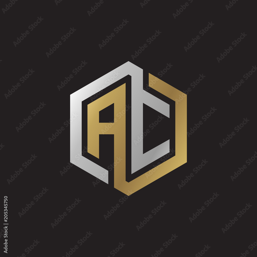 Initial letter AC, looping line, hexagon shape logo, silver gold color on black background Initial letter AC, looping line, hexagon shape logo, silver gold color on black background