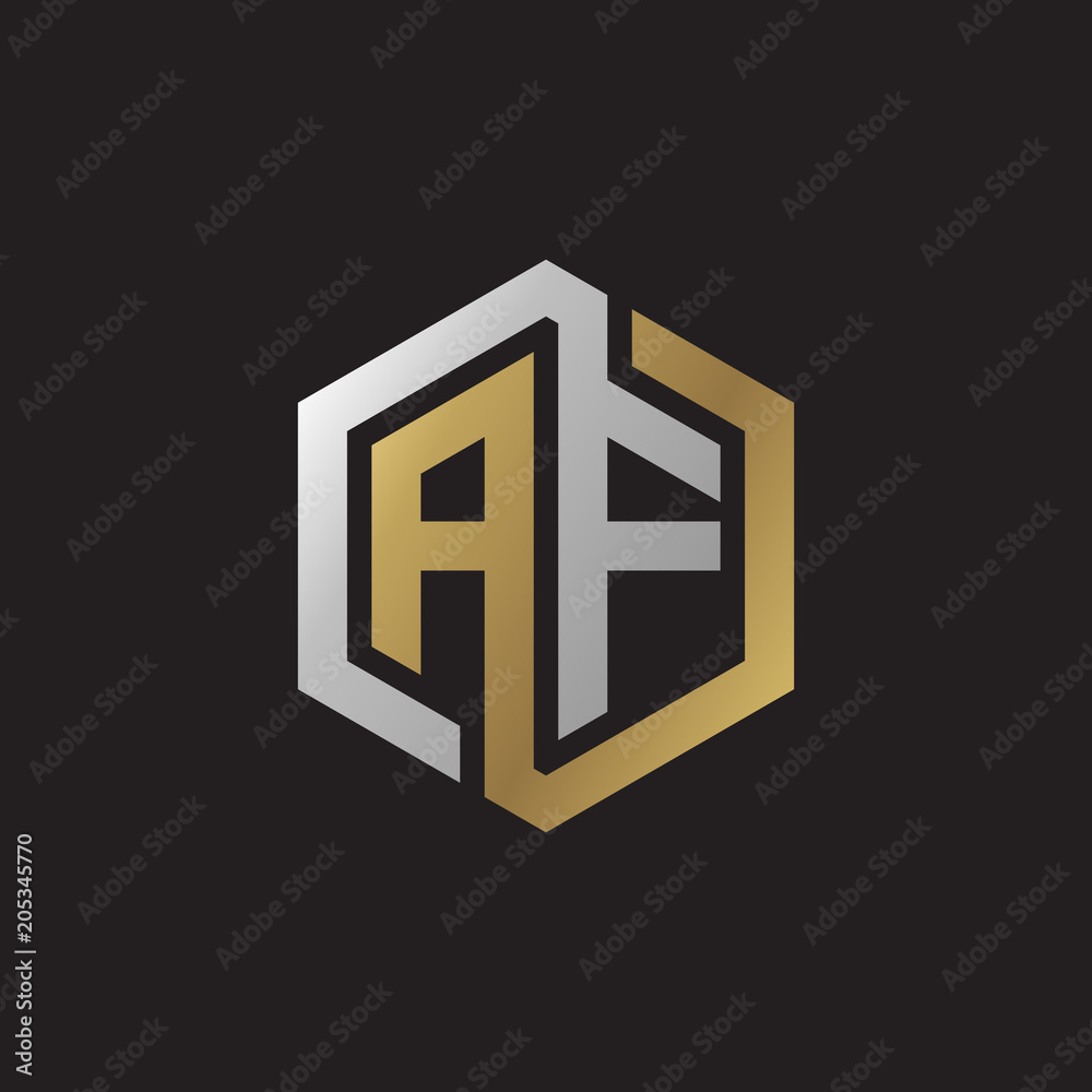 Initial letter AF, looping line, hexagon shape logo, silver gold color on black background Initial letter AF, looping line, hexagon shape logo, silver gold color on black background