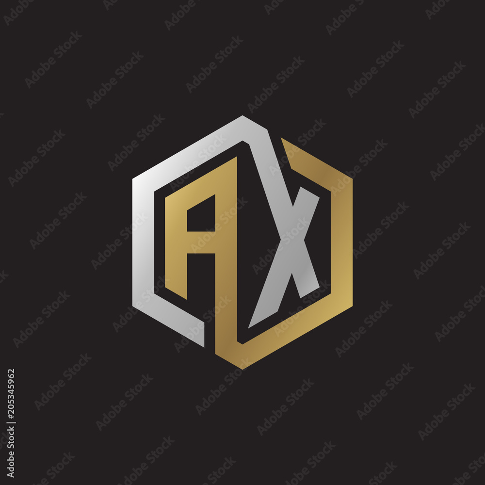 Initial letter AX, looping line, hexagon shape logo, silver gold color on black background Initial letter AX, looping line, hexagon shape logo, silver gold color on black background