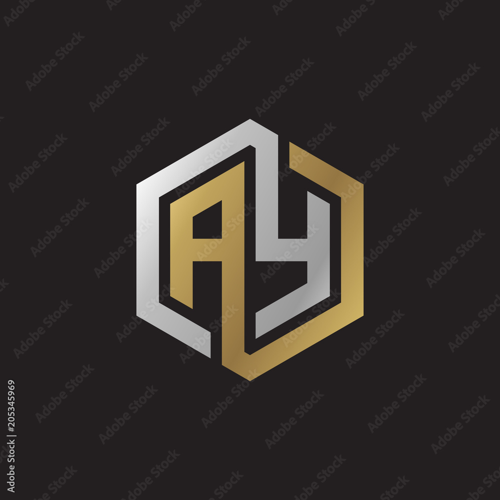 Initial letter AY, looping line, hexagon shape logo, silver gold color on black background Initial letter AY, looping line, hexagon shape logo, silver gold color on black background
