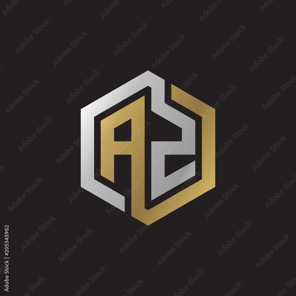 Initial letter AZ, looping line, hexagon shape logo, silver gold color on black background Initial letter AZ, looping line, hexagon shape logo, silver gold color on black background