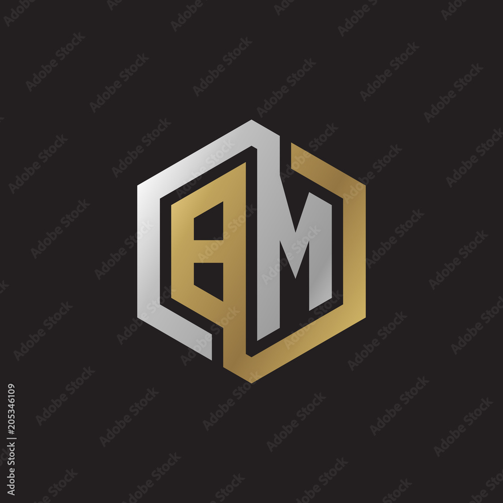 Initial letter BM, looping line, hexagon shape logo, silver gold color on black background Initial letter BM, looping line, hexagon shape logo, silver gold color on black background