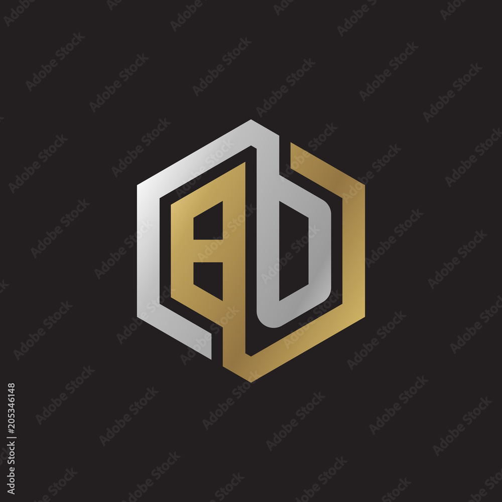 Initial letter BO, looping line, hexagon shape logo, silver gold color on black background Initial letter BO, looping line, hexagon shape logo, silver gold color on black background