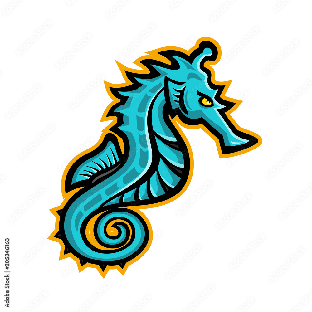Mascot icon illustration of a seahorse, sea-horse or sea horse, a small marine fish in the genus Hippocampus viewed from side on isolated background in retro style. Mascot icon illustration of a seahorse, sea-horse or sea horse, a small marine fish in the genus Hippocampus viewed from side on isolated background in retro style.