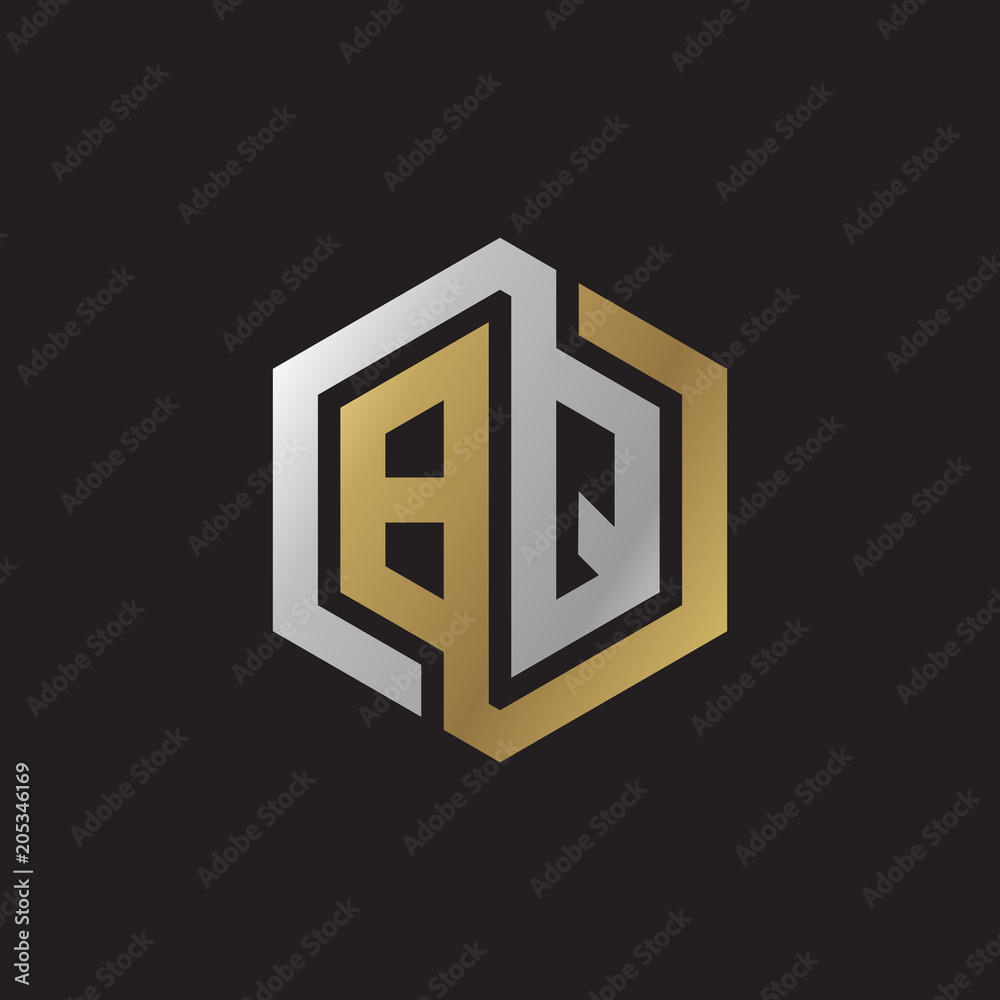 Initial letter BQ, looping line, hexagon shape logo, silver gold color on black background