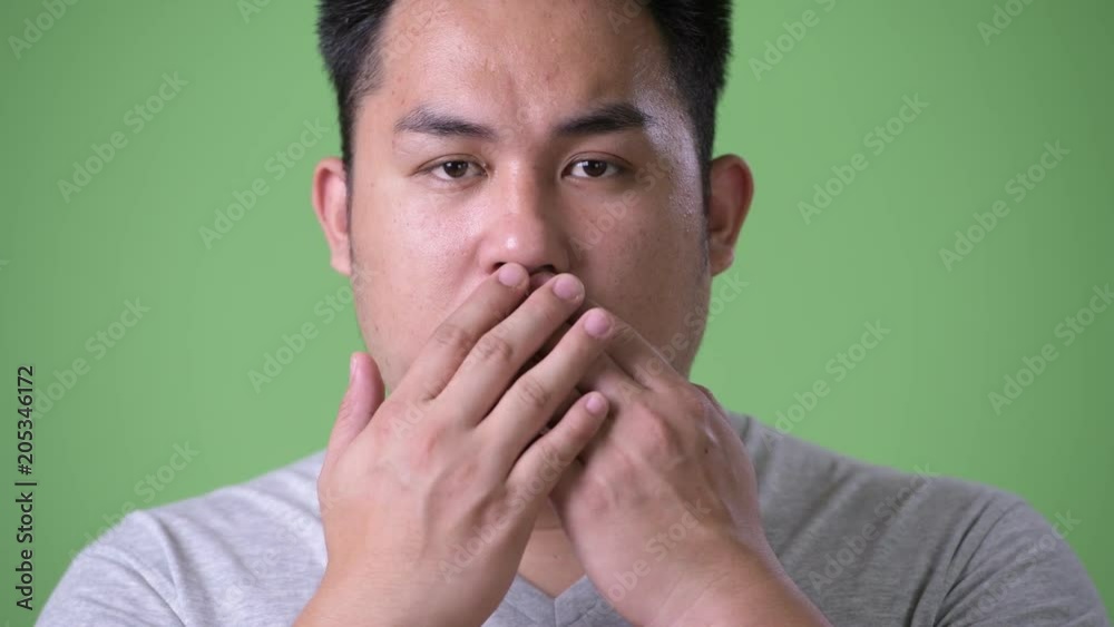 Young handsome overweight Asian man against green background Young handsome overweight Asian man against green background