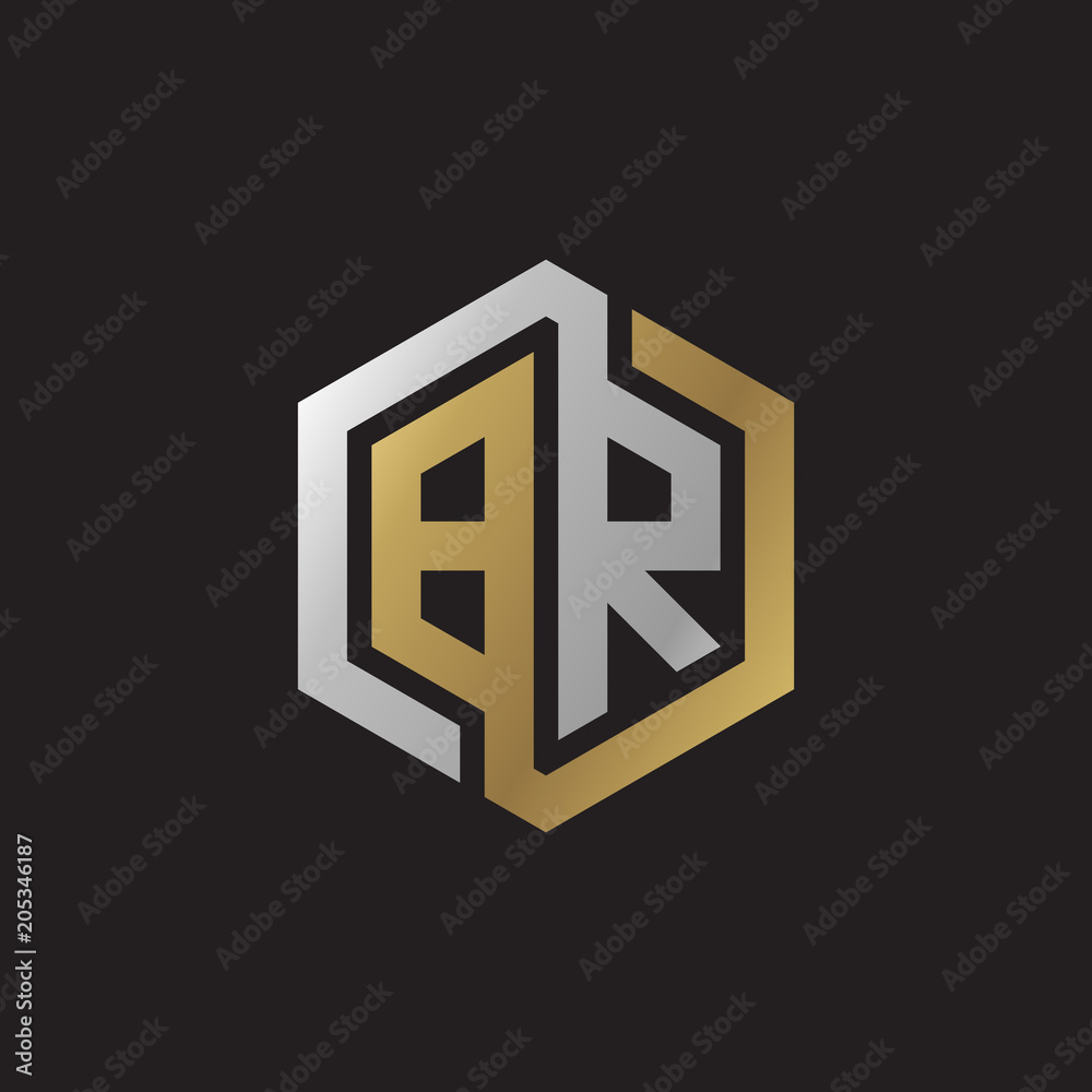 Initial letter BR, looping line, hexagon shape logo, silver gold color on black background Initial letter BR, looping line, hexagon shape logo, silver gold color on black background