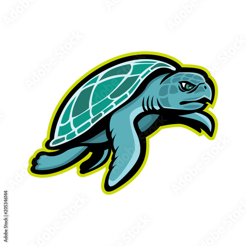 Mascot icon illustration of a Kemp's ridley sea turtle, or the Atlantic ridley sea turtle, the rarest species of sea turtle, swimming viewed from side  on isolated background in retro style.