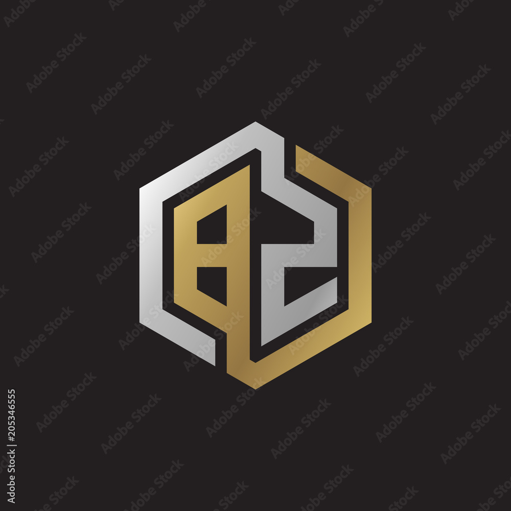 Initial letter BZ, looping line, hexagon shape logo, silver gold color on black background Initial letter BZ, looping line, hexagon shape logo, silver gold color on black background