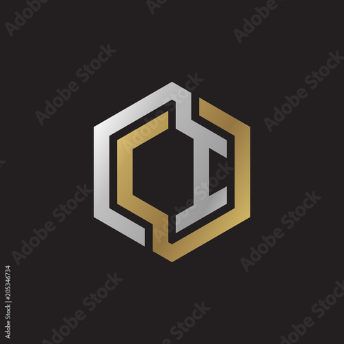 Initial letter CI, looping line, hexagon shape logo, silver gold color on black background