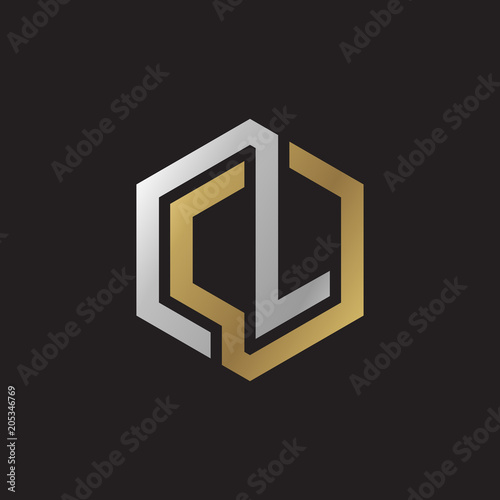 Initial letter CL, looping line, hexagon shape logo, silver gold color on black background