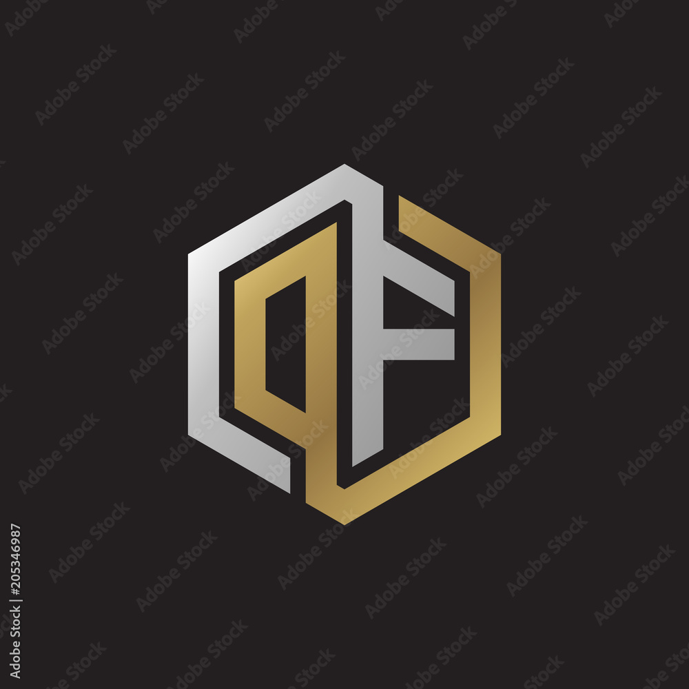 Initial letter DF, OF, looping line, hexagon shape logo, silver gold color on black background Initial letter DF, OF, looping line, hexagon shape logo, silver gold color on black background