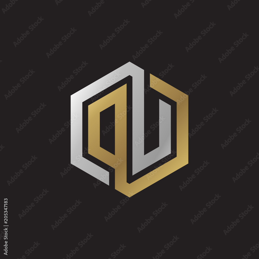 Initial letter DU, OU, looping line, hexagon shape logo, silver gold color on black background Initial letter DU, OU, looping line, hexagon shape logo, silver gold color on black background