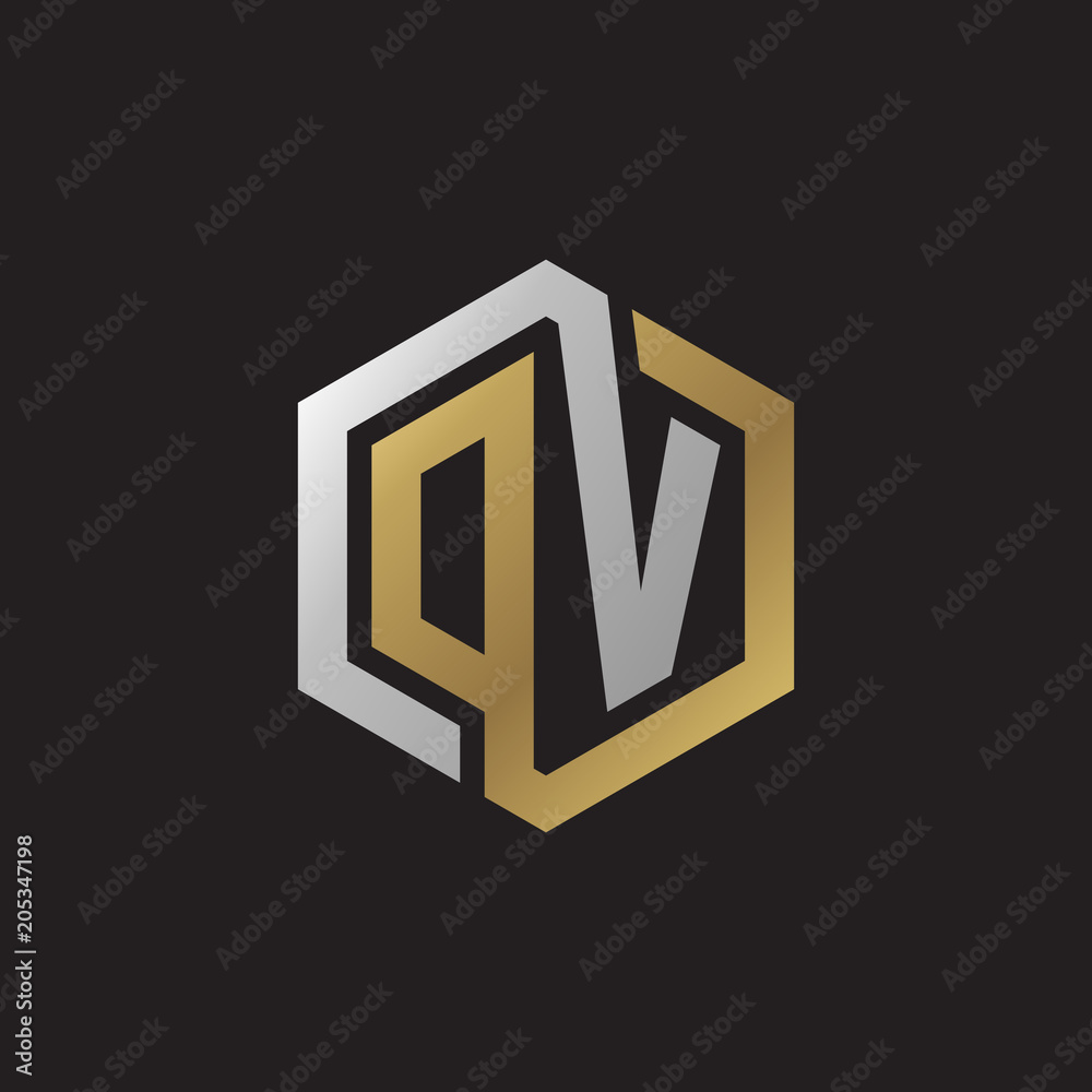 Initial letter DV, OV, looping line, hexagon shape logo, silver gold color on black background Initial letter DV, OV, looping line, hexagon shape logo, silver gold color on black background